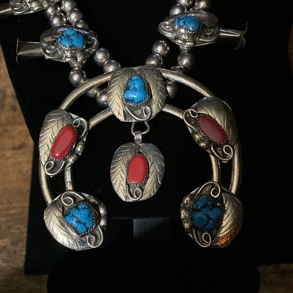 Native American Indian Squash Blossom Necklace measuring 32” long x 3 1/4” wide. - Picture 5 of 9